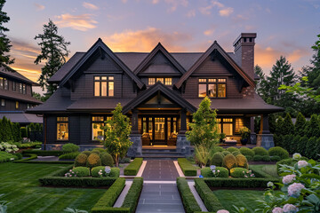 The facade of a luxurious dark chocolate craftsman cottage style house, with a triple pitched roof, elegant landscaping, a seamless path, and striking curb appeal, 