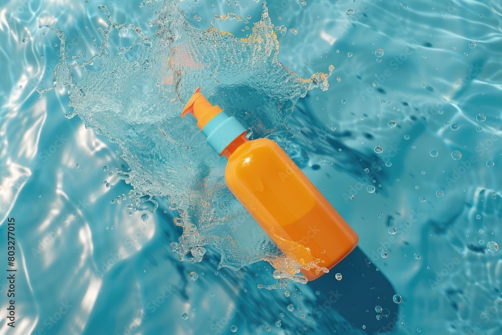 Poster fresh water splashing out of a bottle with orange cap. suitable for advertising and hydration concep