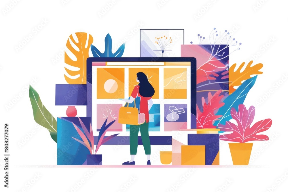 Poster A woman standing in front of a computer screen. Suitable for technology concepts