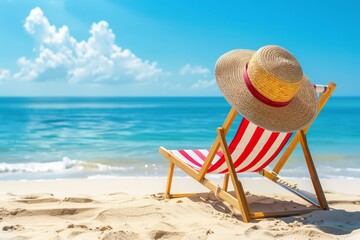 A beach chair with a straw hat placed on top of it, set against a sandy beach backdrop under a clear blue sky - obrazy, fototapety, plakaty