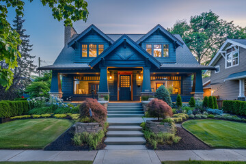 The front facade of a striking cobalt blue cottage craftsman style house, with a triple pitched roof, manicured landscaping, a welcoming sidewalk, and exceptional curb appeal.