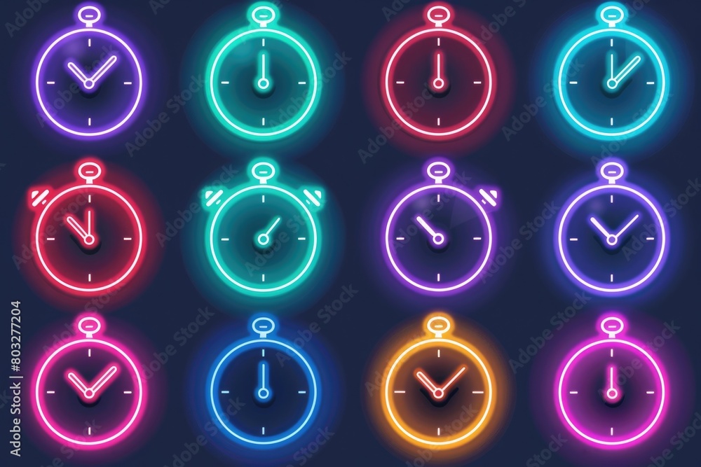 Poster A set of neon clocks on a dark background. Suitable for time management concepts