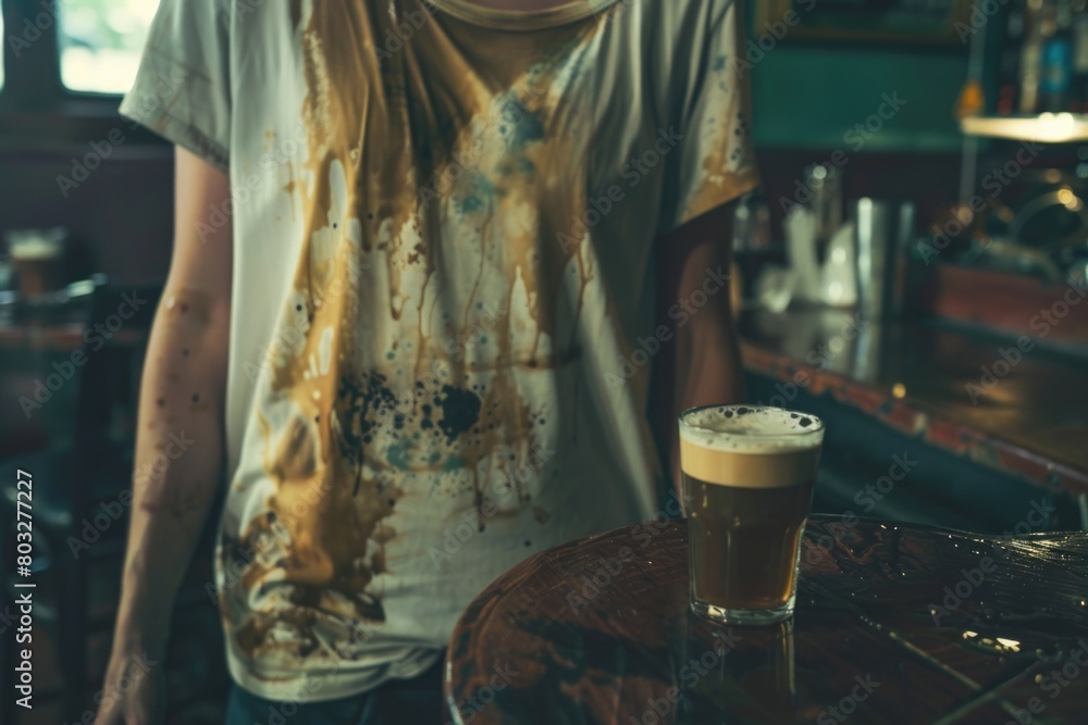 Aufkleber a man standing in front of a table with a glass of beer. ideal for restaurant and bar promotions