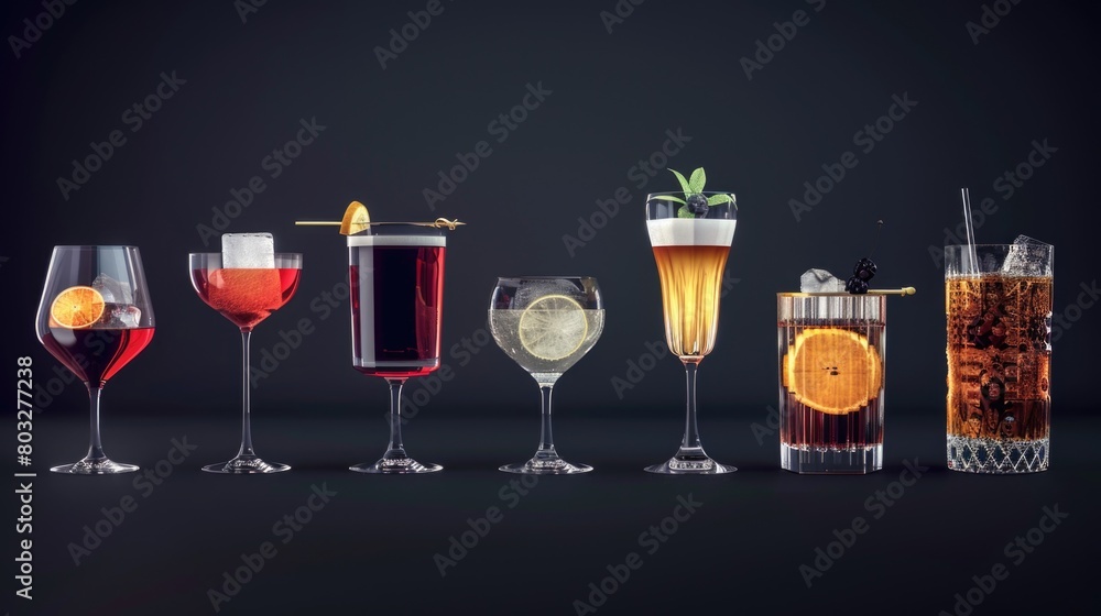 Poster assorted beverages in glassware, suitable for menu design