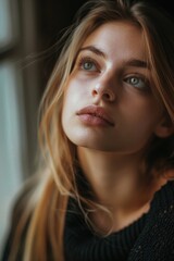 Fototapeta premium A beautiful young woman gazing out a window. Perfect for lifestyle or interior design concepts