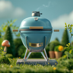 3d icon of a kettle bbq, flat icon style with blue pastel tones, summer time, bbq, backyard, barbecue, bar-b-q
