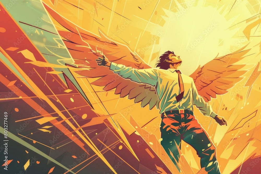 Poster A man wearing a tie is flying with wings. Suitable for business concepts