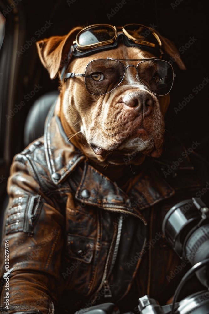 Poster A stylish dog wearing sunglasses and a leather jacket. Perfect for pet fashion blogs