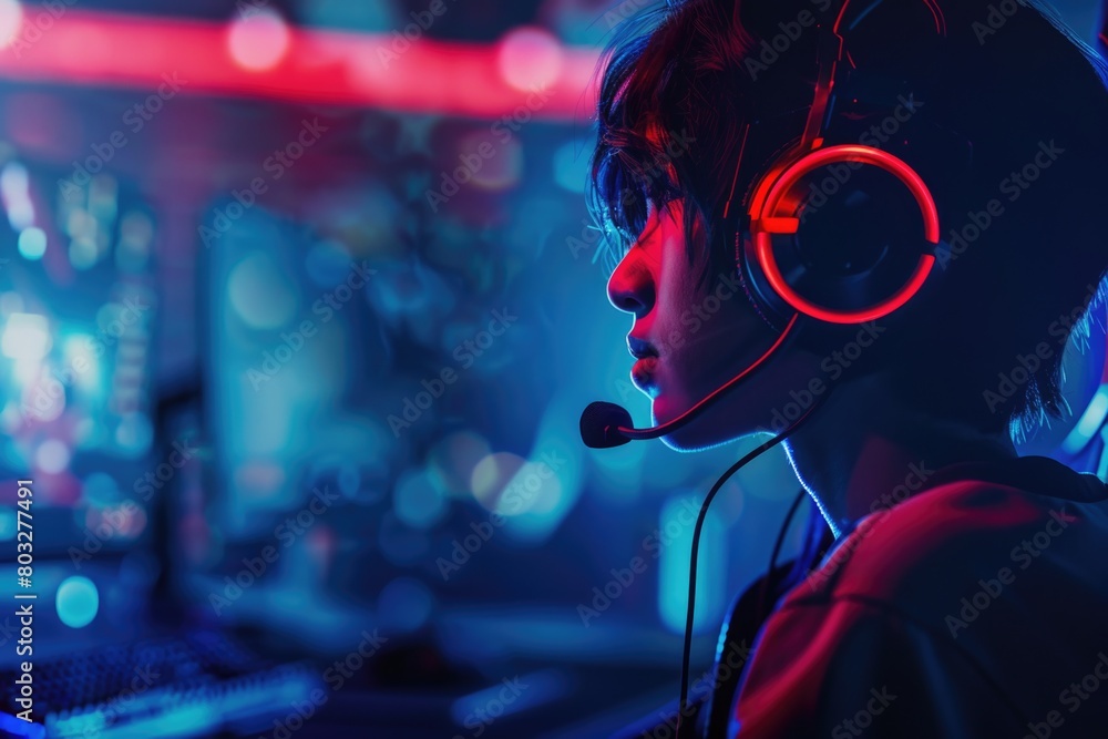 Poster a young man listening to music while working on a computer. perfect for illustrating productivity an