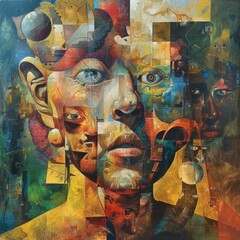 A unique painting depicting a man with multiple faces. Suitable for artistic projects