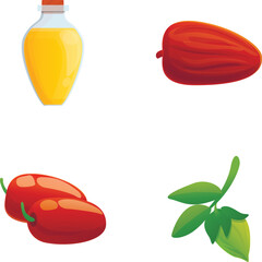 Jojoba nut icons set cartoon vector. Jojoba branch, nut and organic oil. Cosmetic ingredient
