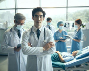 Fototapeta premium Confident Asian Male Doctor with Medical Team