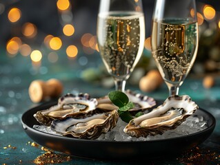 Shrimps and oysters on fire served with chilled ice champagne on black luxury plate