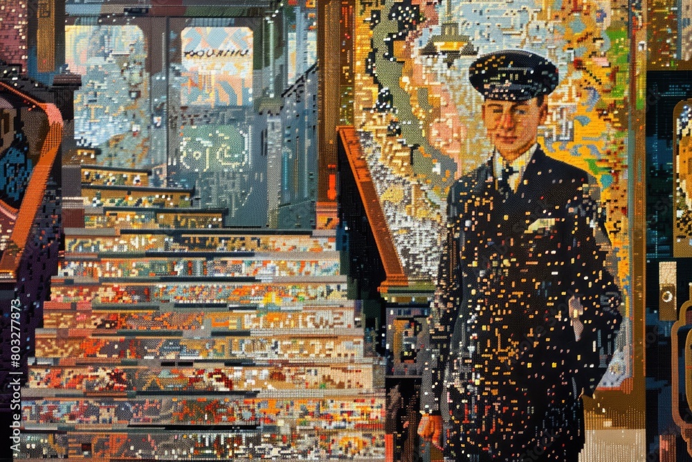 Poster a man standing in front of a staircase, suitable for architectural and interior design concepts