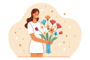 A content woman with a bouquet in a charming illustration