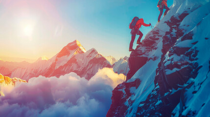Two climbers in full gear climb to the top of the mountain in winter during sunset.
