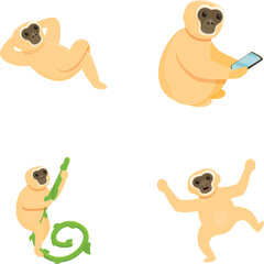 Cartoon gibbon icons set cartoon vector. Gibbon primate, mammal. Monkey, wildlife