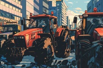 Two red tractors parked side by side. Suitable for agricultural concepts