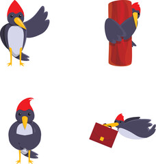 Woodpecker icons set cartoon vector. Funny bright woodpecker bird. Cartoon character