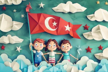 Fototapeta premium Group of children proudly holding a Turkish flag. Perfect for patriotic and educational themes