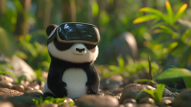 Cute panda wearing virtual reality hadset in forest