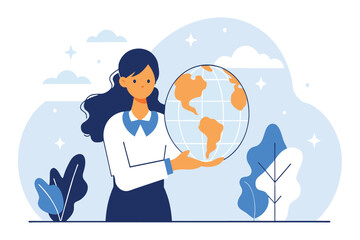 Illustrated woman proudly holds a globe, symbolizing care for the environment