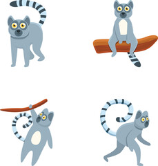 Lemur icons set cartoon vector. Animal of madagascar and africa. Cartoon character