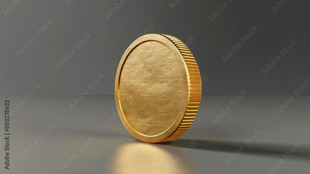 Poster a shiny golden coin placed on a wooden table. suitable for finance and wealth concepts