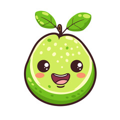 Obraz premium A cartoon fruit Guava with a smiling face and green leaves