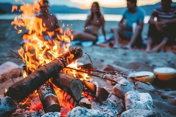 A diverse group of individuals gathered around a campfire, engaged in conversation and enjoying the warmth of the fire
