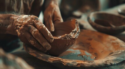 Skilled craftsman meticulously shaping a clay pot on a potter's wheel in a rustic workshop - Powered by Adobe