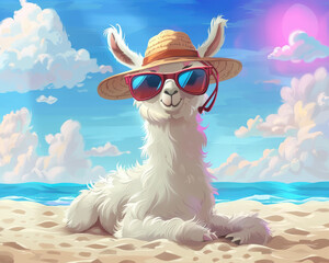 Fototapeta premium A llama wearing a straw hat and sunglasses is relaxing on the beach. The llama is smiling and looks happy. The background is a blue sky with white clouds and the ocean.