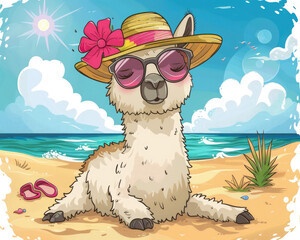 Fototapeta premium A llama wearing a straw hat and sunglasses is relaxing on the beach