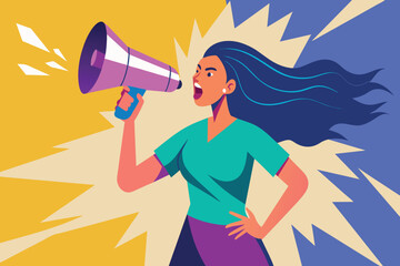 Animated character shouting through a megaphone with gusto