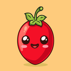A cartoonish red Goji berry with a green leaf on top
