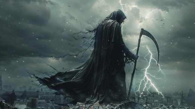 Grim reaper overlooking cityscape amidst storm