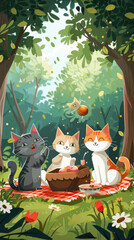 A picnic in the woods with three cats. The cats are sitting on a blanket, eating a picnic basket full of food.