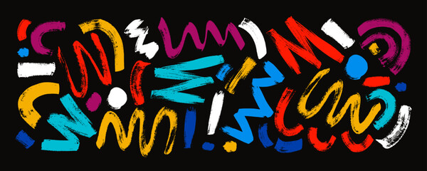 Obraz premium Color geometric vector set shapes, curved lines and dots in style Memphis . Grunge swirled brush stroke, curly and straight lines. Geometric collection, hand drawn straight brush strokes, triangles