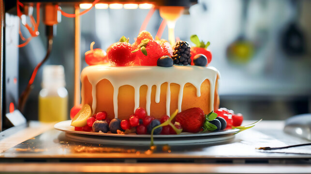 Food 3d printer printing a cake with icing and fruits
