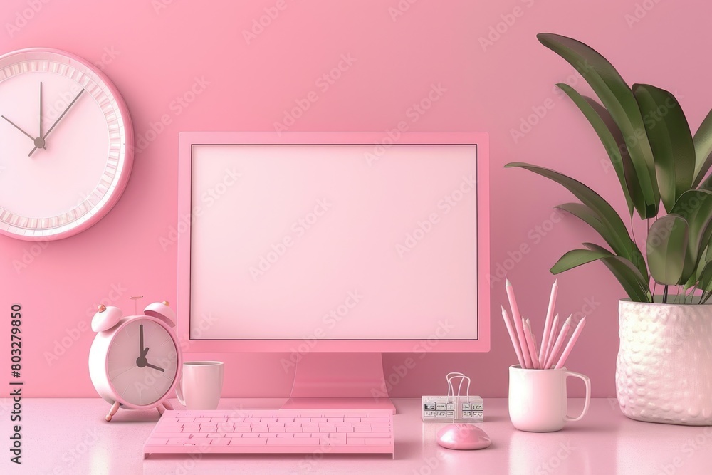 Poster a modern desktop computer on a clean white desk, suitable for office or technology concepts