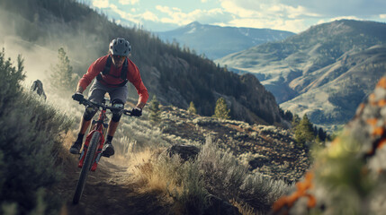 An athlete cycles through mountainous terrain with scenic views, exhibiting strength and endurance