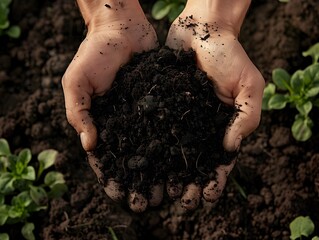 Hands Holding Rich Organic Soil with Biochar and Compost for Promoting Sustainable and Carbon-Sequestering Agriculture