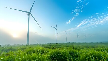 Wind turbines against blue sky in majestic landscape: wide-angle shot. Concept Wind Turbines, Blue Sky, Majestic Landscape, Wide-Angle Shot, Outdoor Photography