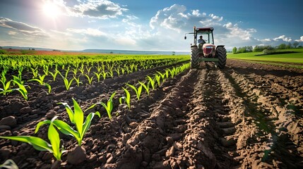 Sustainable Organic Farming Practices with Tractor in Lush Green Cropland