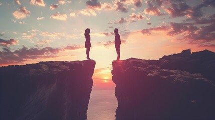 Fototapeta premium Two People Standing on Cliff Overlooking Dramatic Sunset Landscape