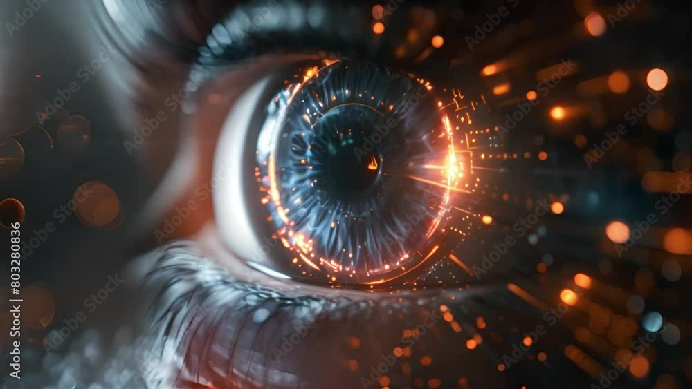 Poster Close-up of an enhanced eye with digital patterns symbolizing futuristic technology integration.