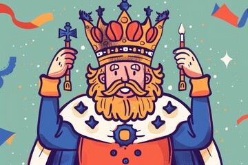 Cartoon illustration of a king holding a sword. Suitable for historical, fantasy, or educational themes