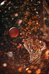Dynamic basketball shot at the hoop with sparks.