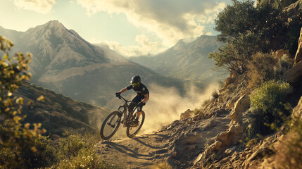 Fototapeta premium A mountain biker skillfully descends a dusty, rocky trail at sunset, evoking a sense of thrill and mastery of the sport