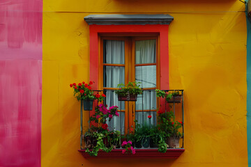 Colorful window with flowers. Generated with AI.